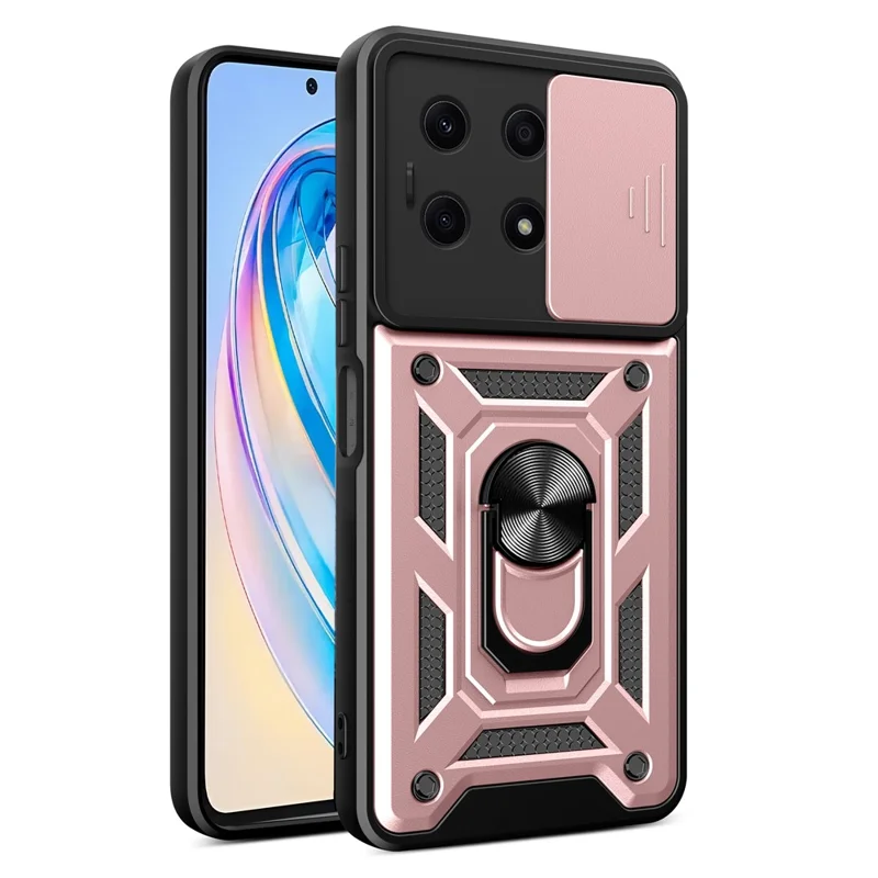For Honor X8a 4G Shockproof Kickstand PC+TPU Phone Case Slide Lens Protection Cover - Rose Gold