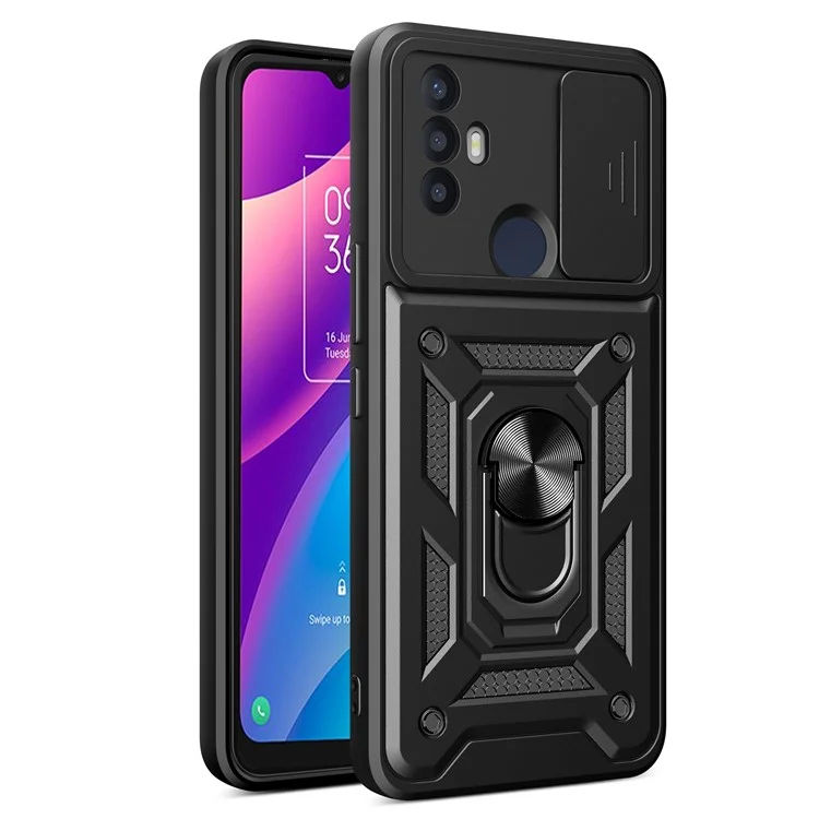 Funda para teléfono TCL 30 SE Concha Soporte PC+TPU Funda de teléfono Protección de lente deslizante - Negro