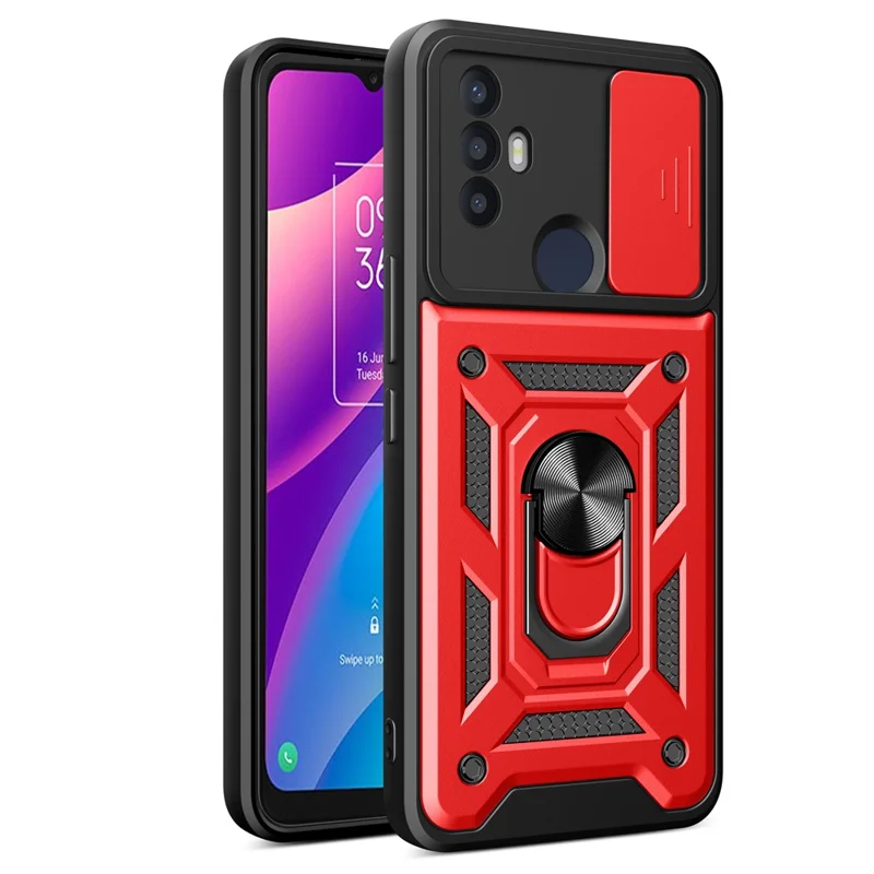 Funda de teléfono con soporte para TCL 30 SE, carcasa de PC+TPU, protección de la lente deslizante - Rojo