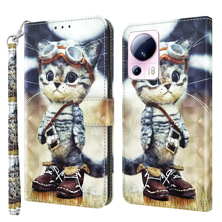 PU Leather Flip Cover for Xiaomi 13 Lite / Civi 2 Wallet Phone Case 3D Pattern Printing Phone Shell with Strap - Standing Cat