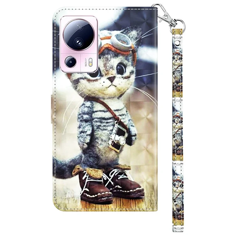 PU Leather Flip Cover for Xiaomi 13 Lite / Civi 2 Wallet Phone Case 3D Pattern Printing Phone Shell with Strap - Standing Cat
