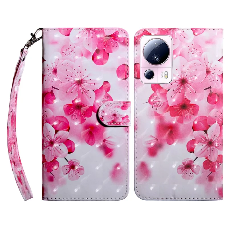 PU Leather Flip Cover for Xiaomi 13 Lite / Civi 2 Wallet Phone Case 3D Pattern Printing Phone Shell with Strap - Red Flower