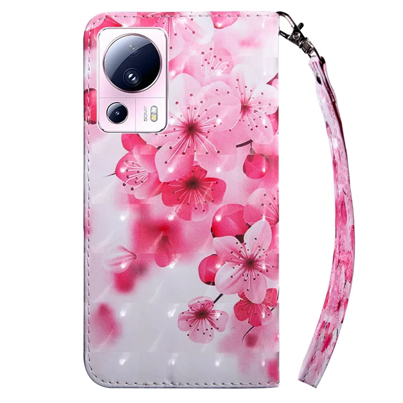 PU Leather Flip Cover for Xiaomi 13 Lite / Civi 2 Wallet Phone Case 3D Pattern Printing Phone Shell with Strap - Red Flower