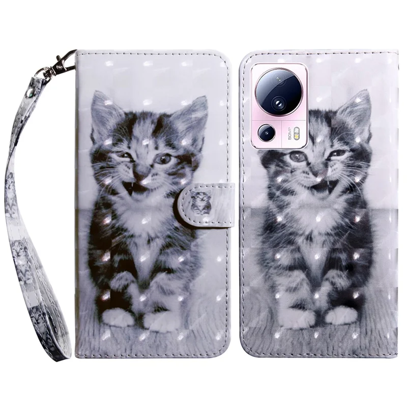 PU Leather Flip Cover for Xiaomi 13 Lite / Civi 2 Wallet Phone Case 3D Pattern Printing Phone Shell with Strap - Cat