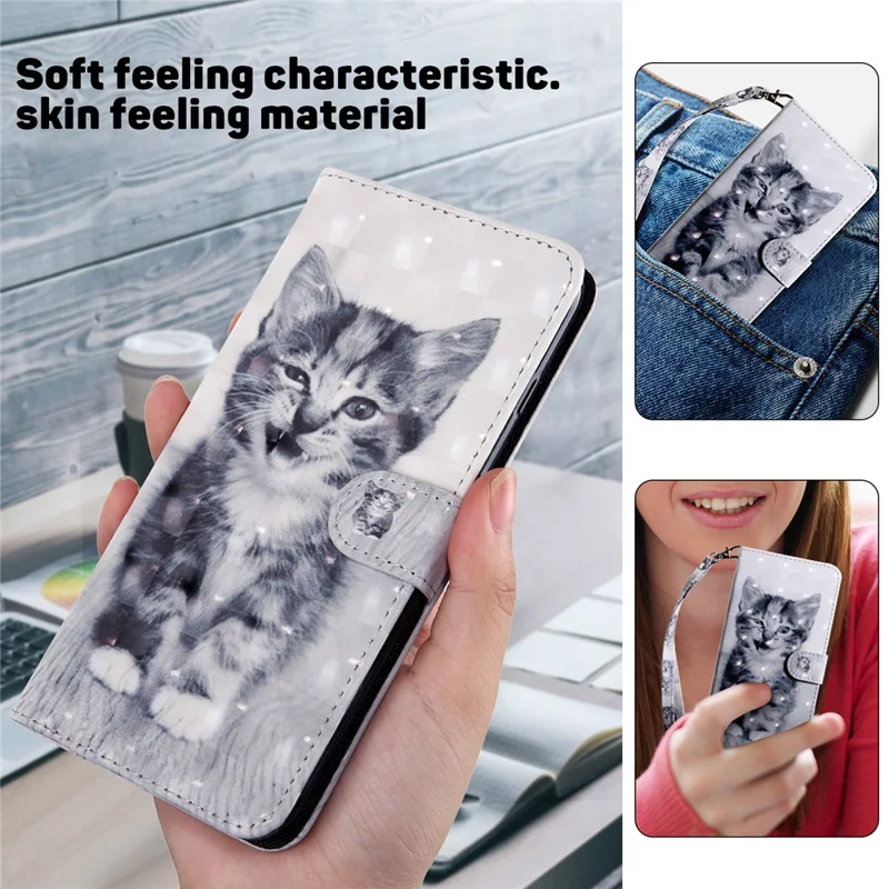 PU Leather Flip Cover for Xiaomi 13 Lite / Civi 2 Wallet Phone Case 3D Pattern Printing Phone Shell with Strap - Cat