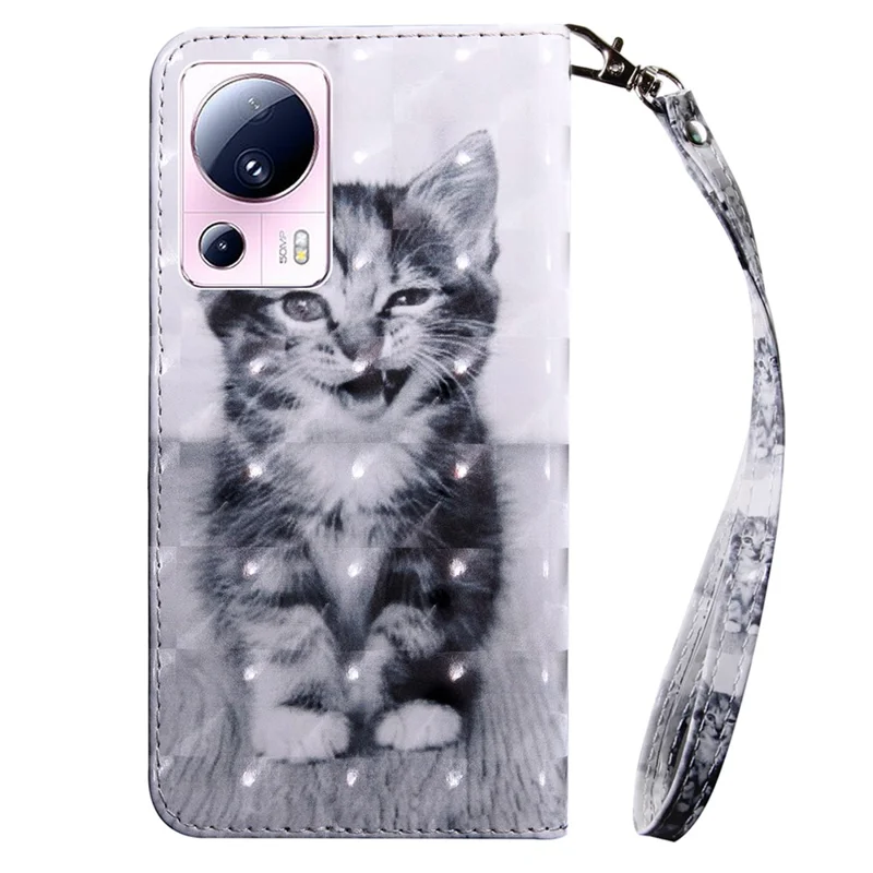 PU Leather Flip Cover for Xiaomi 13 Lite / Civi 2 Wallet Phone Case 3D Pattern Printing Phone Shell with Strap - Cat
