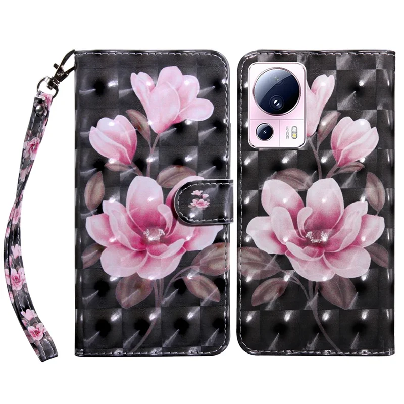 PU Leather Flip Cover for Xiaomi 13 Lite / Civi 2 Wallet Phone Case 3D Pattern Printing Phone Shell with Strap - Pink Flower