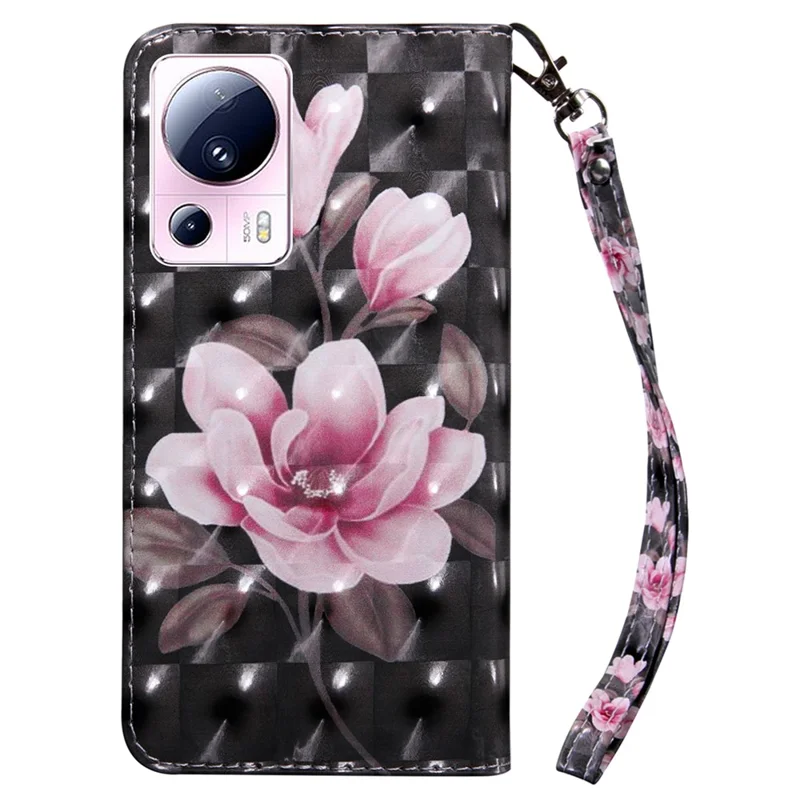 PU Leather Flip Cover for Xiaomi 13 Lite / Civi 2 Wallet Phone Case 3D Pattern Printing Phone Shell with Strap - Pink Flower