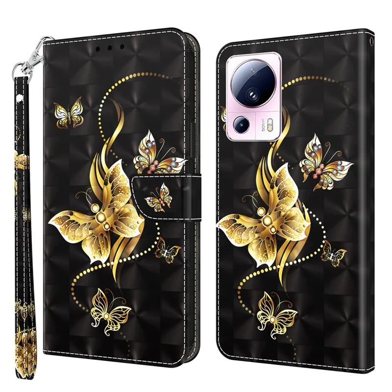 PU Leather Flip Cover for Xiaomi 13 Lite / Civi 2 Wallet Phone Case 3D Pattern Printing Phone Shell with Strap - Golden Butterfly