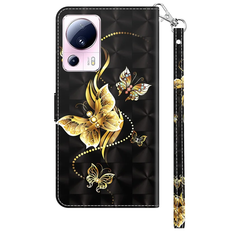 PU Leather Flip Cover for Xiaomi 13 Lite / Civi 2 Wallet Phone Case 3D Pattern Printing Phone Shell with Strap - Golden Butterfly