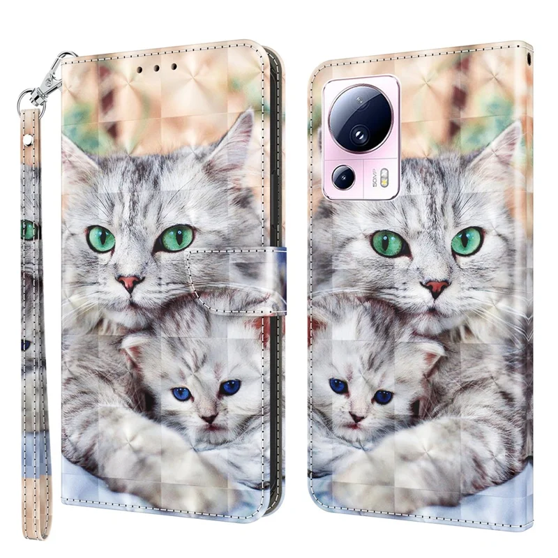 PU Leather Flip Cover for Xiaomi 13 Lite / Civi 2 Wallet Phone Case 3D Pattern Printing Phone Shell with Strap - Two Cats