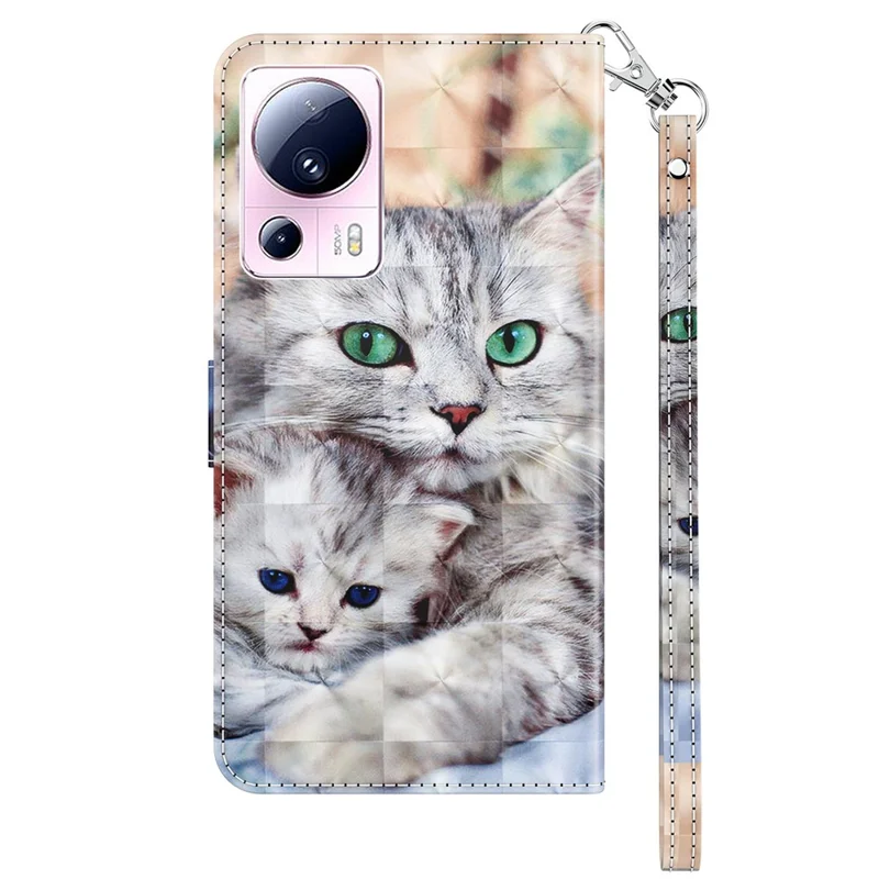 PU Leather Flip Cover for Xiaomi 13 Lite / Civi 2 Wallet Phone Case 3D Pattern Printing Phone Shell with Strap - Two Cats