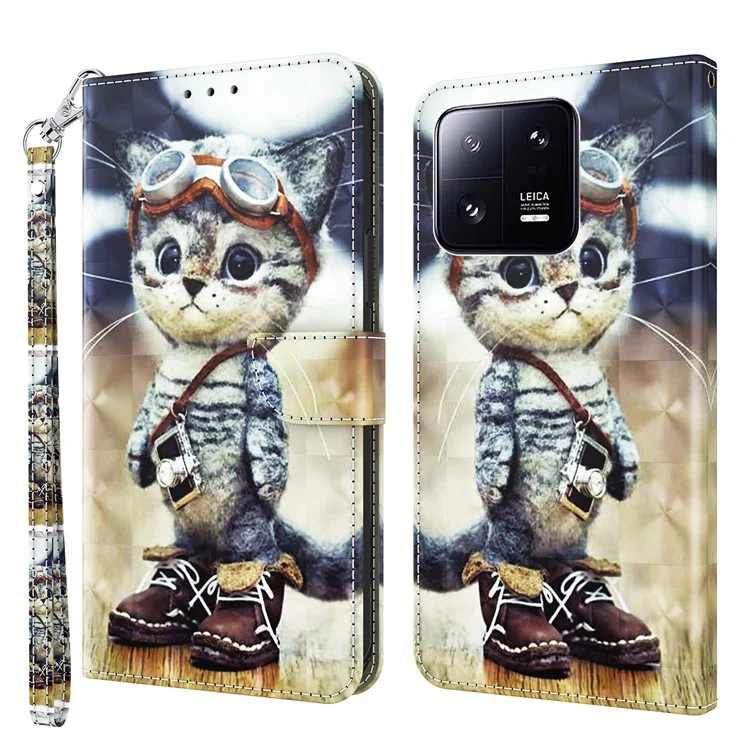 3D Pattern Printing Phone Case for Xiaomi 13 Pro 5G PU Leather Wallet Cover Anti-Drop Phone Shell with Strap - Standing Cat