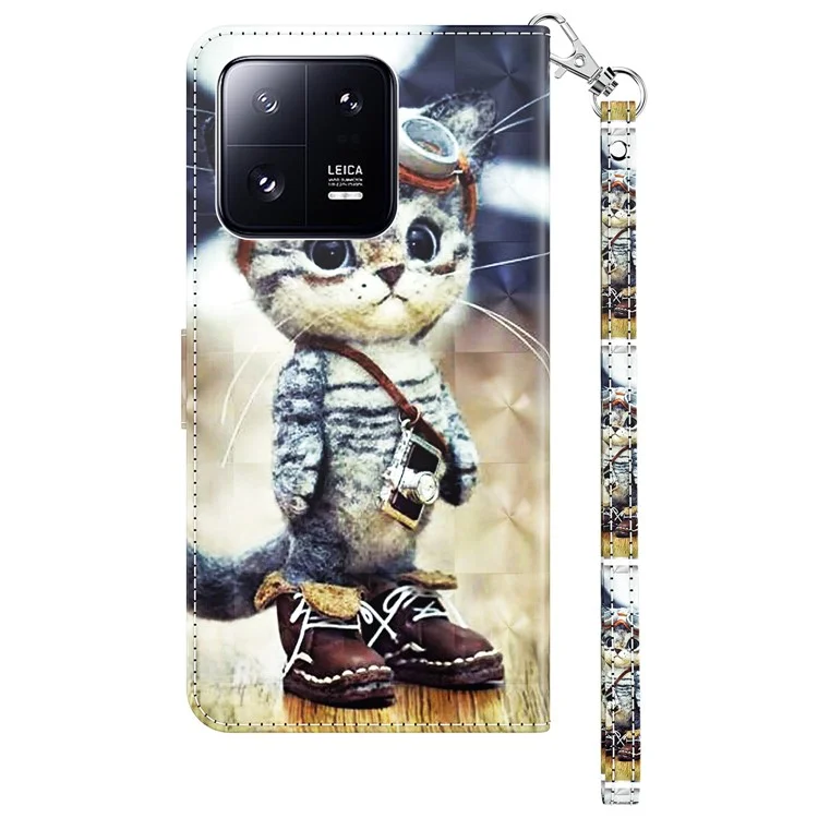 3D Pattern Printing Phone Case for Xiaomi 13 Pro 5G PU Leather Wallet Cover Anti-Drop Phone Shell with Strap - Standing Cat