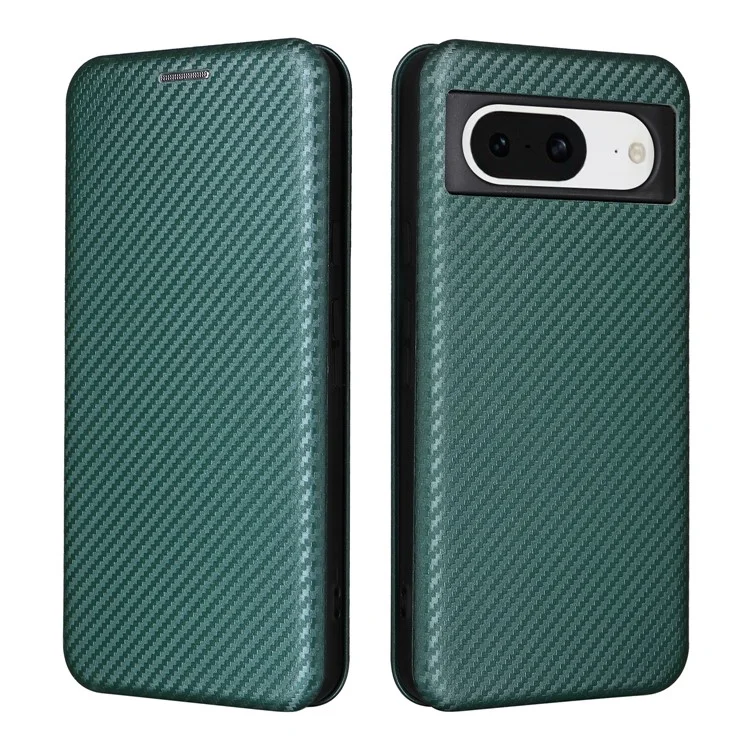 Pour Google Pixel 8 Carbon Fiber Texture Card Holder PU Leather Phone Case Flip Folio Stand Phone Cover - Green