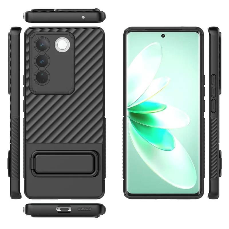 For vivo S16 / S16 Pro TPU Phone Case Kickstand Rugged Phone Cover Skin-Touch Slim Phone Shell - Black