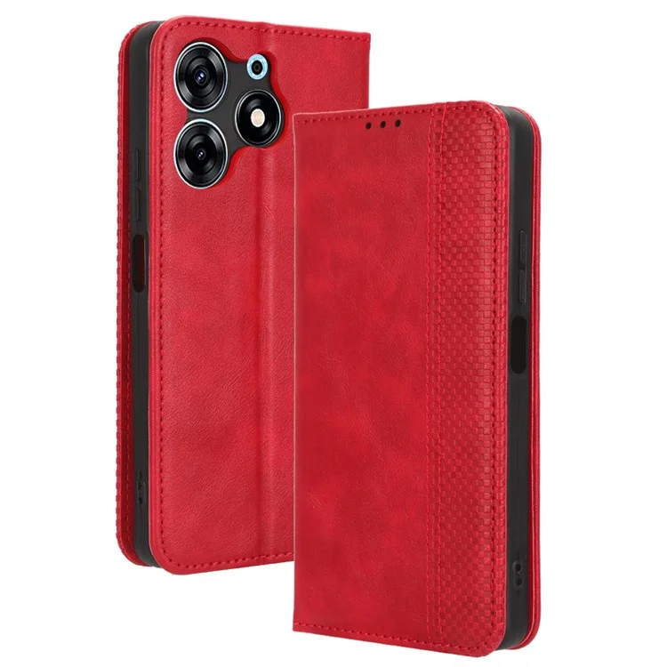 For TECNO Spark 10 Pro K17 Retro PU Leather Cover Stand Wallet Flip Folio Phone Case - Red