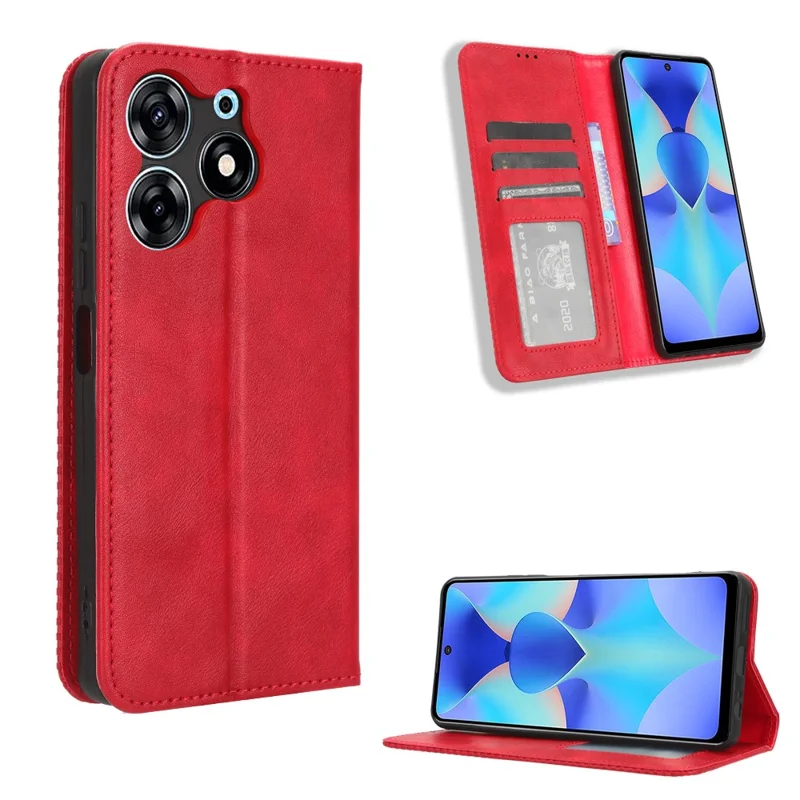 For TECNO Spark 10 Pro K17 Retro PU Leather Cover Stand Wallet Flip Folio Phone Case - Red