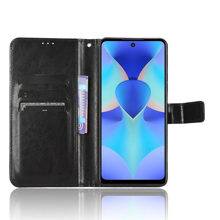 Para TECNO Spark 10 Pro / KI7 Capa de carteira de couro PU Crazy Horse Texture Stand Flip Phone Cover - Preto
