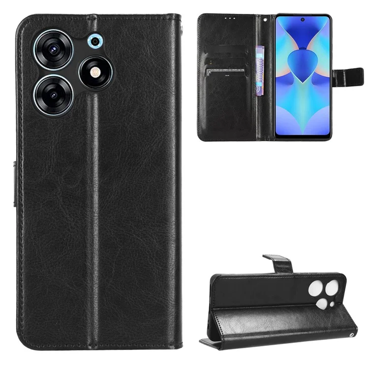 Para TECNO Spark 10 Pro / KI7 Capa de carteira de couro PU Crazy Horse Texture Stand Flip Phone Cover - Preto