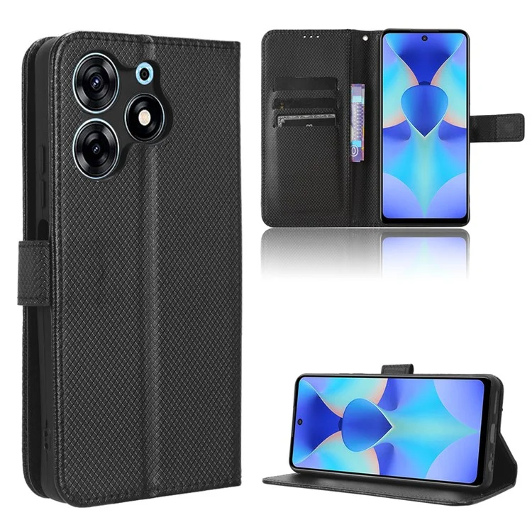 Para TECNO Spark 10 Pro / KI7 Leather Folio Flip Cover Protective Phone Case Diamond Texture Wallet Case - Preto
