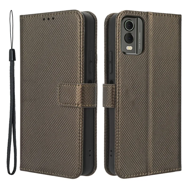 For Nokia C32 Protective Phone Case Leather Folio Flip Cover Stand Diamond Texture Wallet Phone Case - Brown