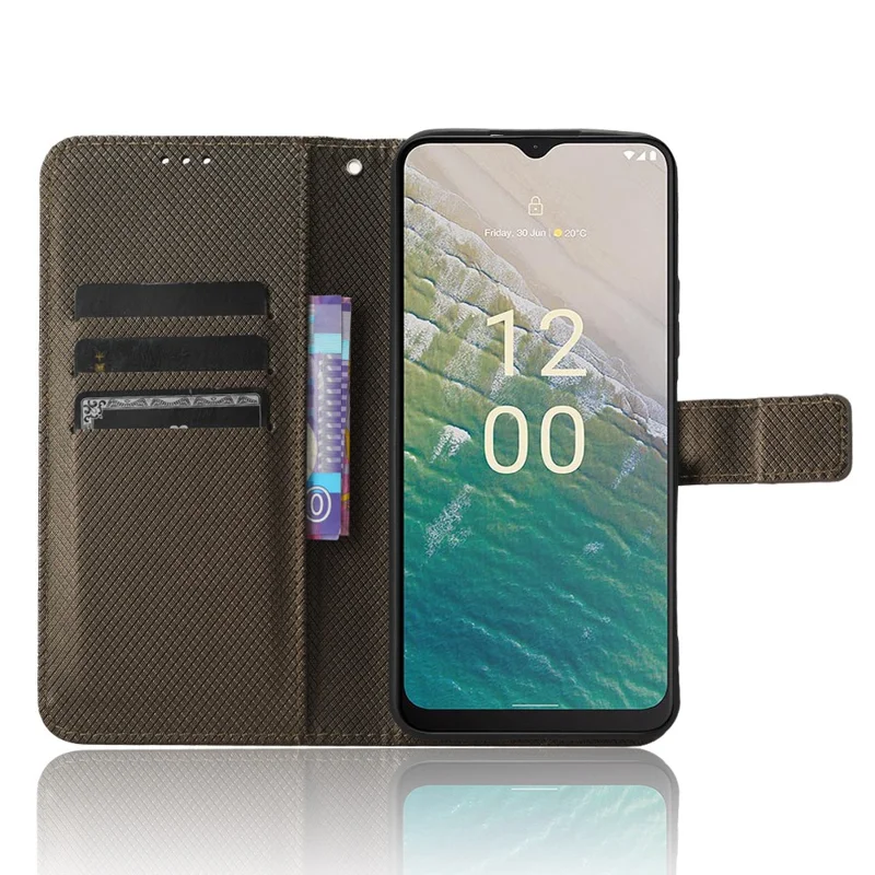 For Nokia C32 Protective Phone Case Leather Folio Flip Cover Stand Diamond Texture Wallet Phone Case - Brown