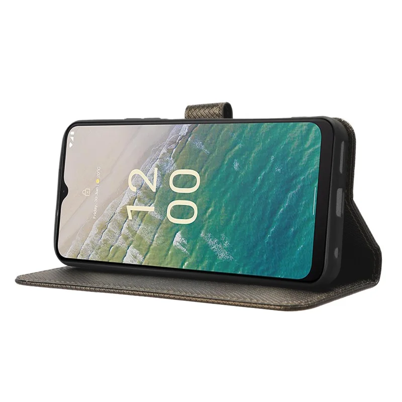 For Nokia C32 Protective Phone Case Leather Folio Flip Cover Stand Diamond Texture Wallet Phone Case - Brown