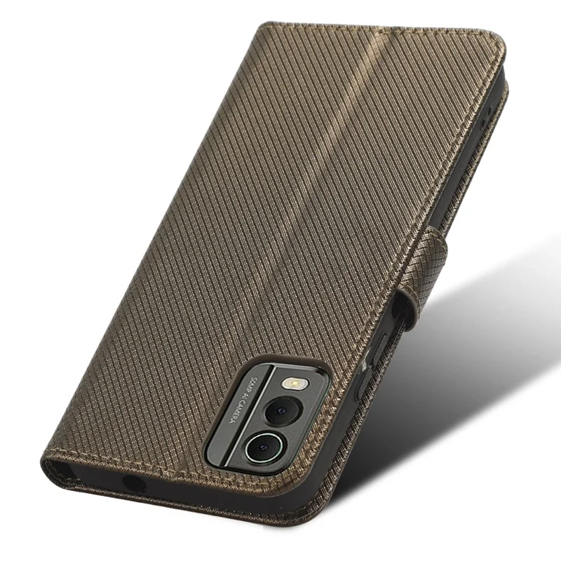 For Nokia C32 Protective Phone Case Leather Folio Flip Cover Stand Diamond Texture Wallet Phone Case - Brown