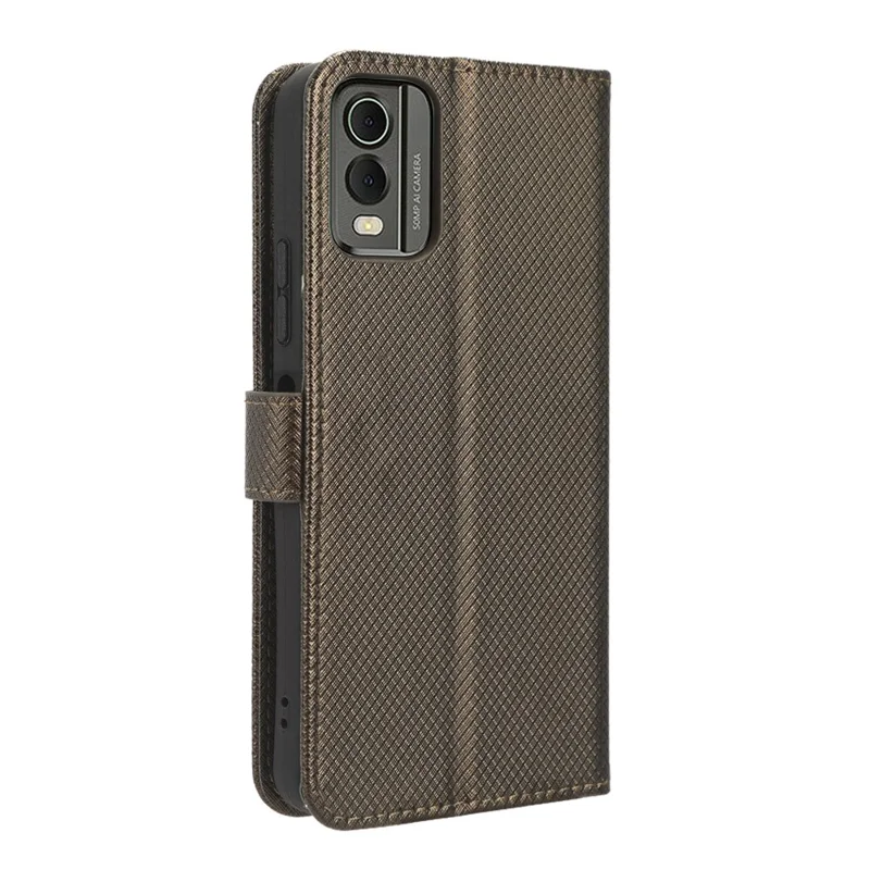 For Nokia C32 Protective Phone Case Leather Folio Flip Cover Stand Diamond Texture Wallet Phone Case - Brown