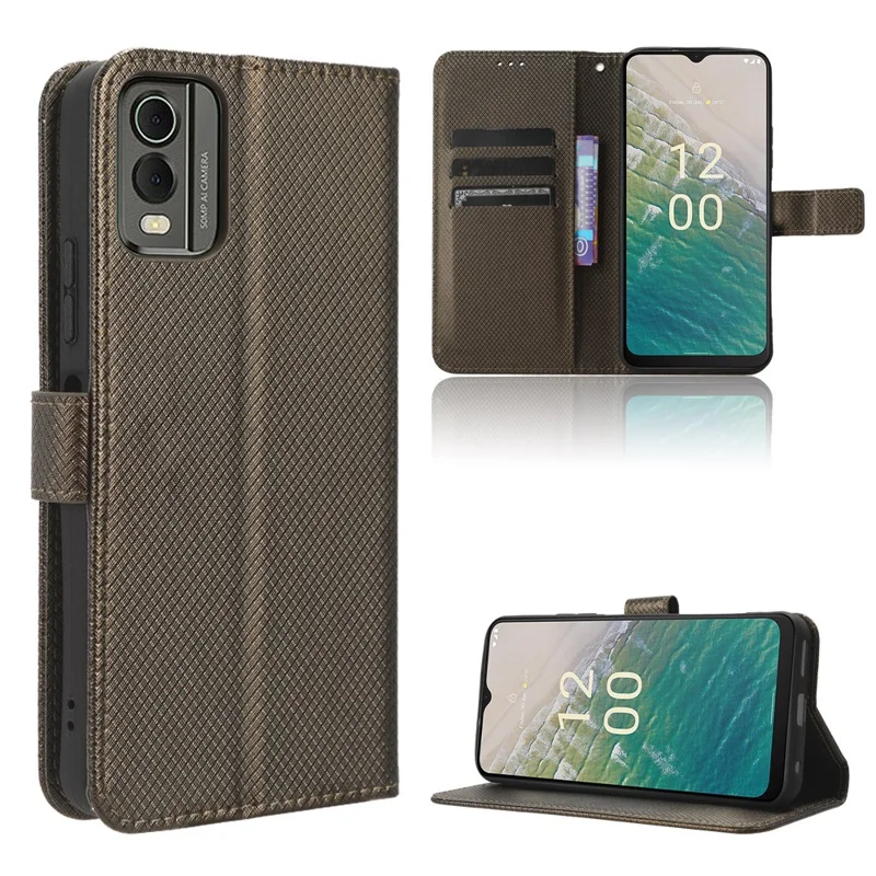For Nokia C32 Protective Phone Case Leather Folio Flip Cover Stand Diamond Texture Wallet Phone Case - Brown