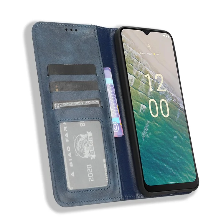 Para Nokia C32 Retro Texture PU Leather Wallet Cell Phone Case Folio Stand Protective Cover - Azul
