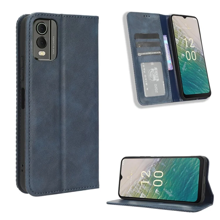 Para Nokia C32 Retro Texture PU Leather Wallet Cell Phone Case Folio Stand Protective Cover - Azul