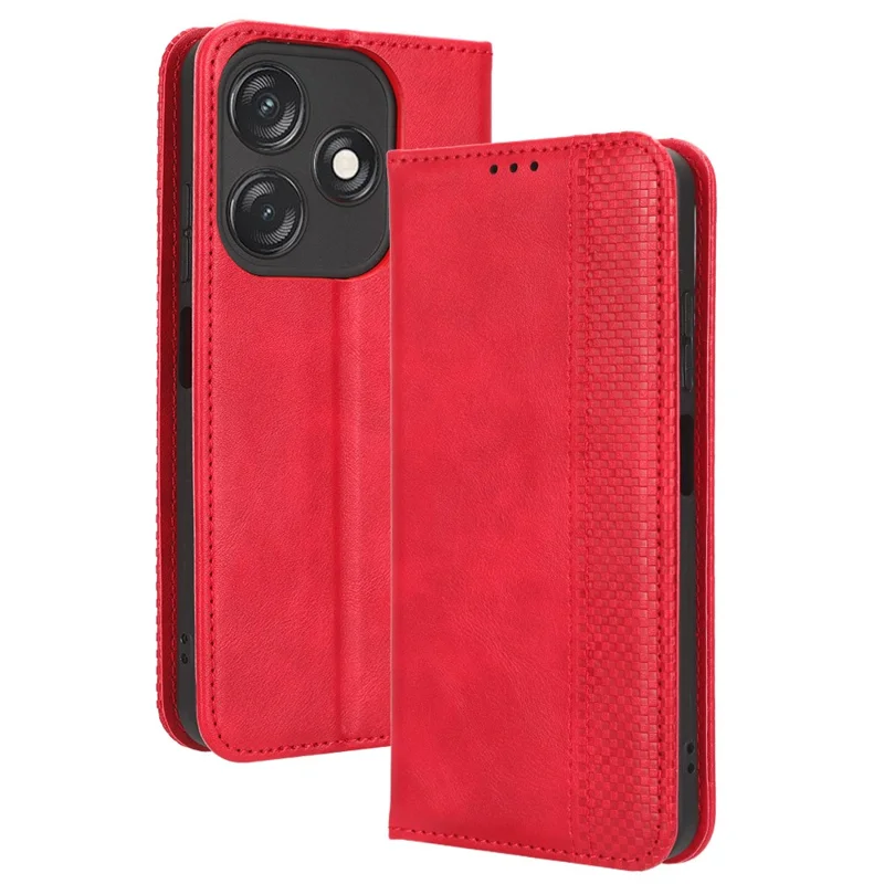 For TECNO Spark 10C 4G Wallet Phone Case Anti-Dust Stand PU Leather Protective Cover with Retro Texture - Red