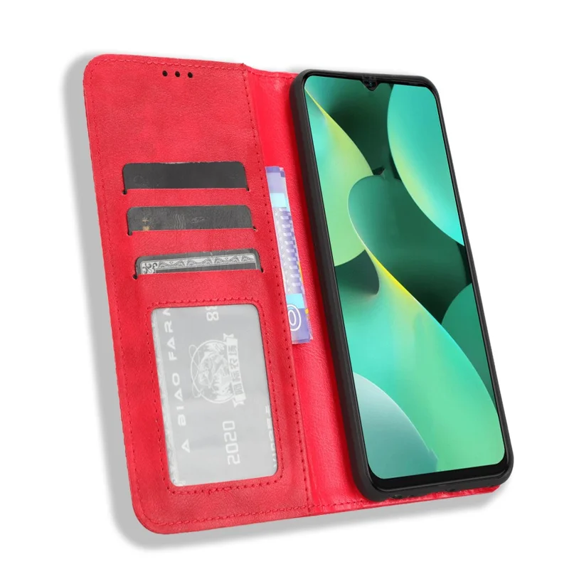 For TECNO Spark 10C 4G Wallet Phone Case Anti-Dust Stand PU Leather Protective Cover with Retro Texture - Red