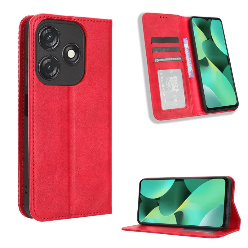 For TECNO Spark 10C 4G Wallet Phone Case Anti-Dust Stand PU Leather Protective Cover with Retro Texture - Red