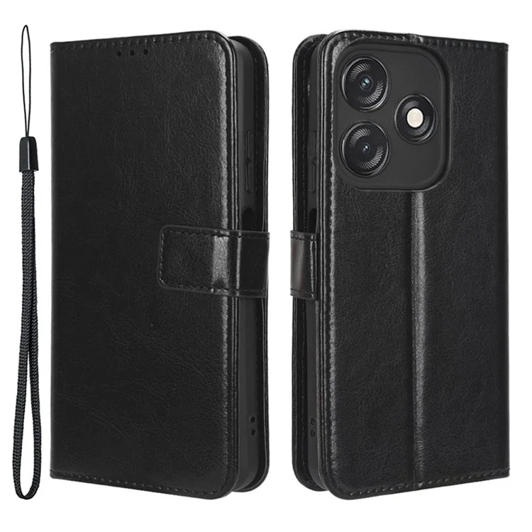 PU Leather Flip Cover for TECNO Spark 10C 4G Anti-Dorp Wallet Case Crazy Horse Texture Stand Phone Shell - Black