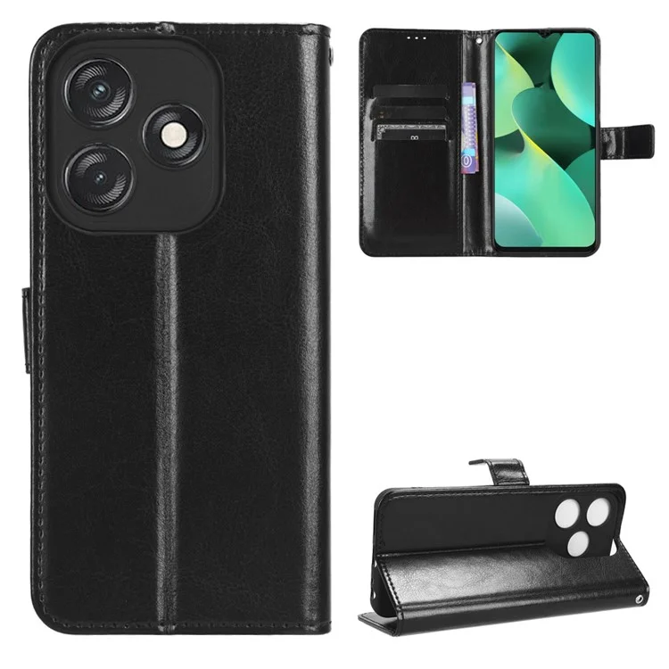 PU Leather Flip Cover for TECNO Spark 10C 4G Anti-Dorp Wallet Case Crazy Horse Texture Stand Phone Shell - Black