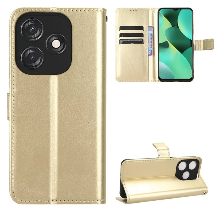 PU Leather Flip Cover for TECNO Spark 10C 4G Anti-Dorp Wallet Case Crazy Horse Texture Stand Phone Shell - Gold