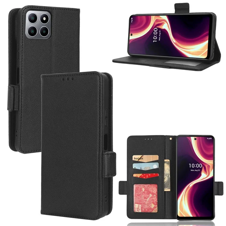 Para Boost Mobile Celero 5G+ PU Leather Wallet Litchi Texture Protective Case Stand Phone Cover com Alça - Preto