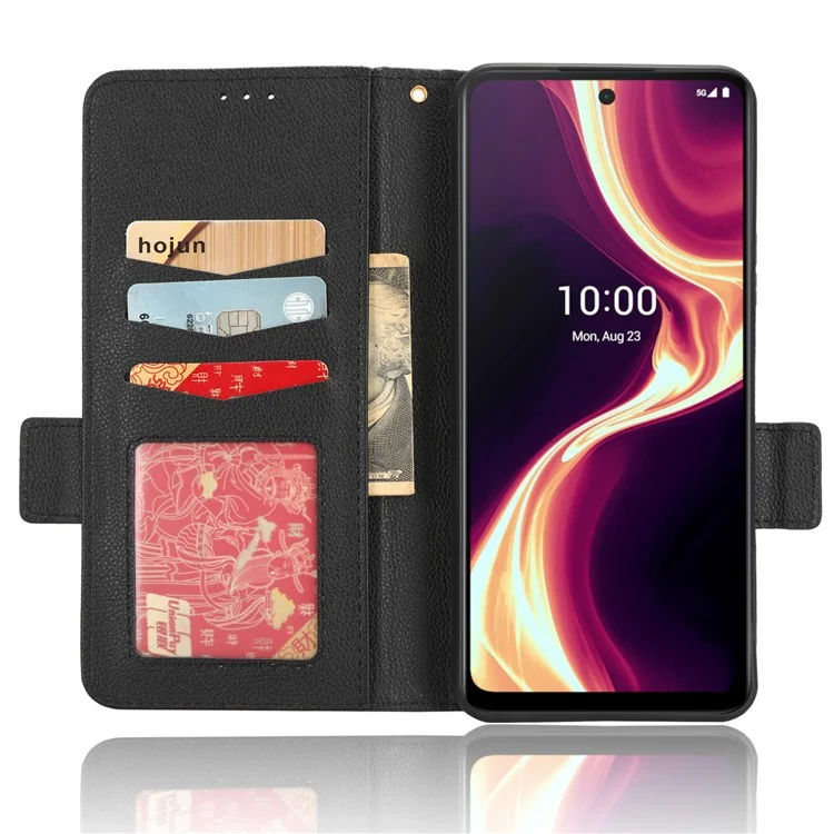 Para Boost Mobile Celero 5G+ PU Leather Wallet Litchi Texture Protective Case Stand Phone Cover com Alça - Preto