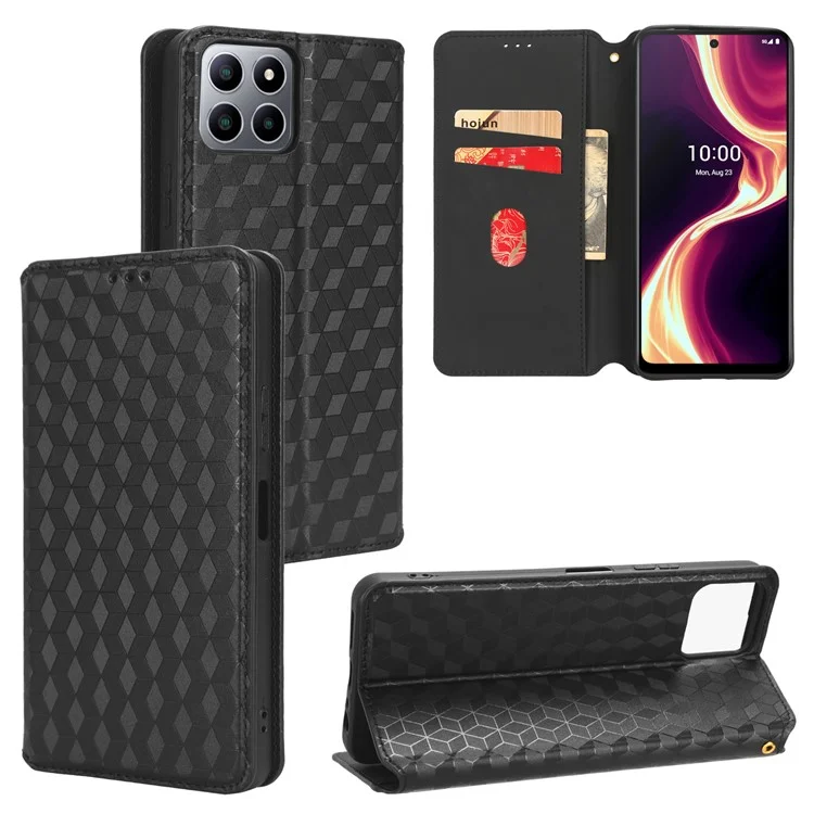 For Boost Mobile Celero 5G+ Phone Leather Case Rhombus Imprinted Cover with Stand Wallet - Black