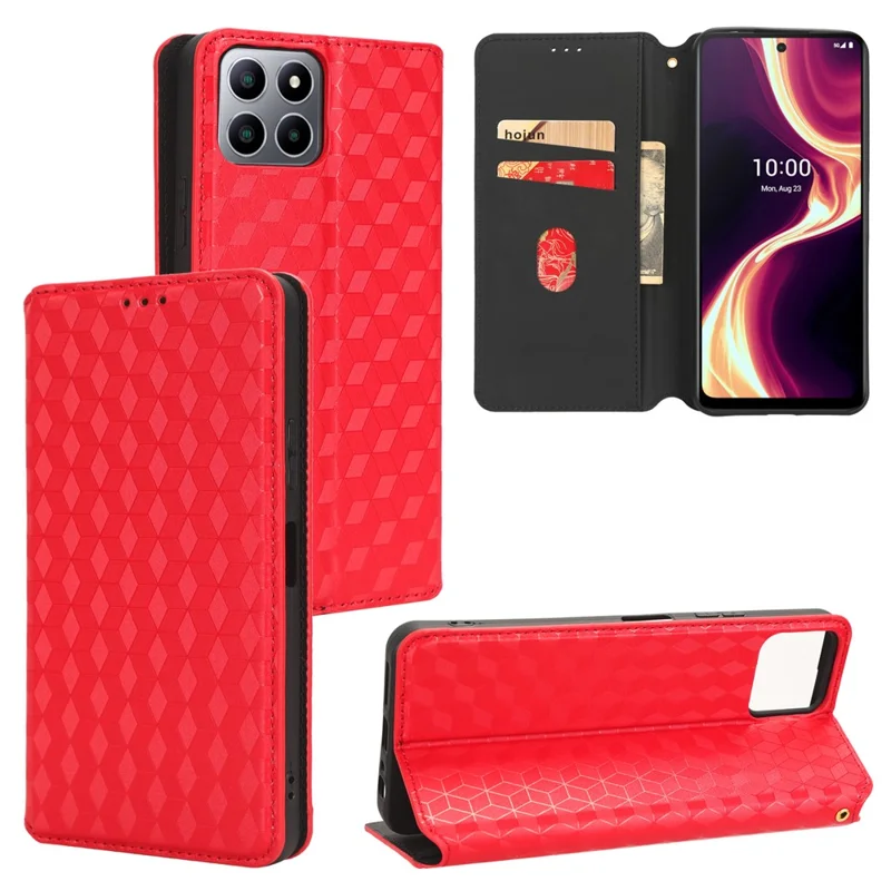 For Boost Mobile Celero 5G+ Phone Leather Case Rhombus Imprinted Cover with Stand Wallet - Red