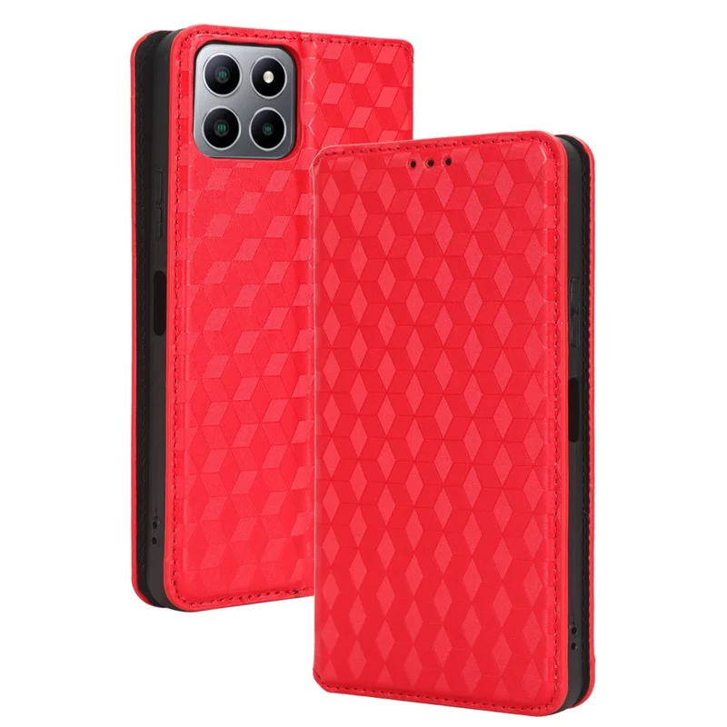 For Boost Mobile Celero 5G+ Phone Leather Case Rhombus Imprinted Cover with Stand Wallet - Red