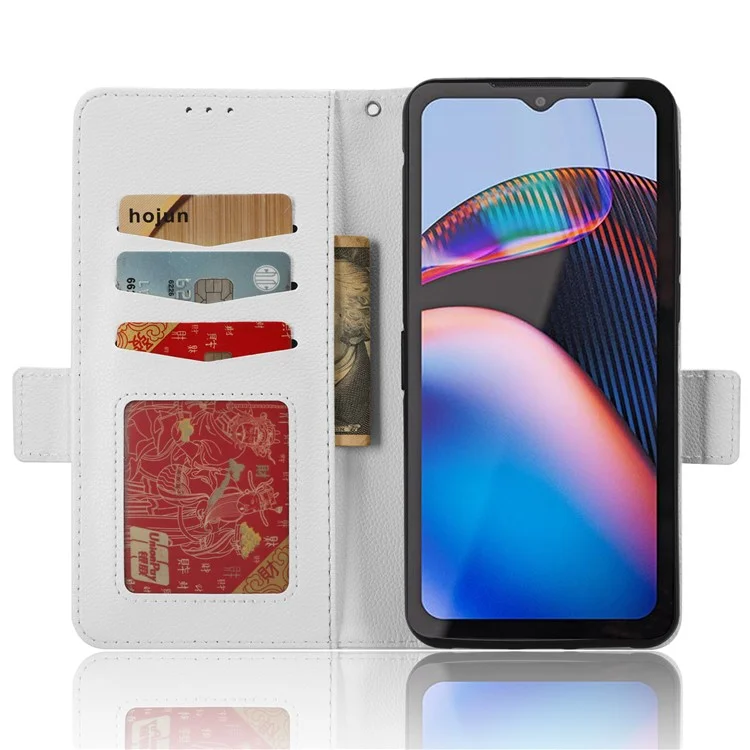 For Motorola Defy 2 5G / Cat S75 5G PU Leather Wallet Case Litchi Texture Flip Stand Phone Cover with Strap - White