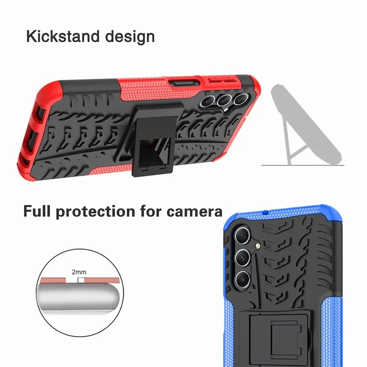 For Samsung Galaxy A24 4G (162.1 x 77.6 x 8.3mm) PC+TPU Back Cover Tyre Pattern Kickstand Protective Phone Case - Black