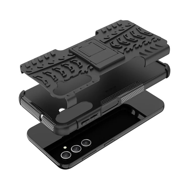 For Samsung Galaxy A24 4G (162.1 x 77.6 x 8.3mm) PC+TPU Back Cover Tyre Pattern Kickstand Protective Phone Case - Black
