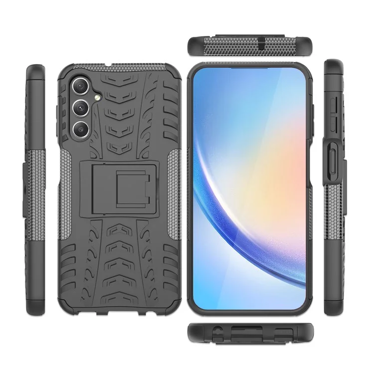 For Samsung Galaxy A24 4G (162.1 x 77.6 x 8.3mm) PC+TPU Back Cover Tyre Pattern Kickstand Protective Phone Case - Black