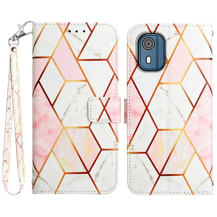 Serie de Impresión de Patrones de Cuero YB-5 para Nokia C02 (TA-1522) Funda de Billetera Tipo Tapa Patrón de Mármol Cubierta de Teléfono de Pie - Rosa+Blanco LS002