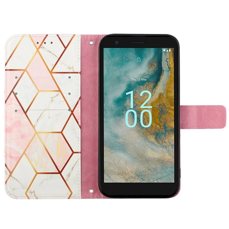 Serie de Impresión de Patrones de Cuero YB-5 para Nokia C02 (TA-1522) Funda de Billetera Tipo Tapa Patrón de Mármol Cubierta de Teléfono de Pie - Rosa+Blanco LS002